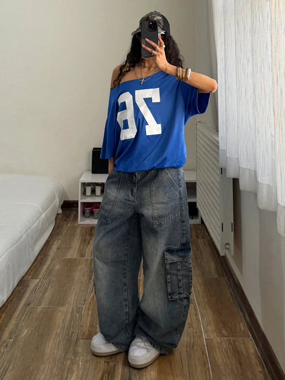 SXV Women's Loose T-Shirt, Y2K Style, Oversized Asymmetrical Shoulder, Blue Sports Number 76