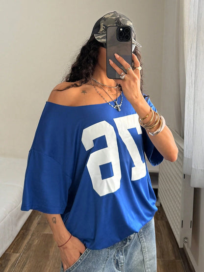SXV Women's Loose T-Shirt, Y2K Style, Oversized Asymmetrical Shoulder, Blue Sports Number 76