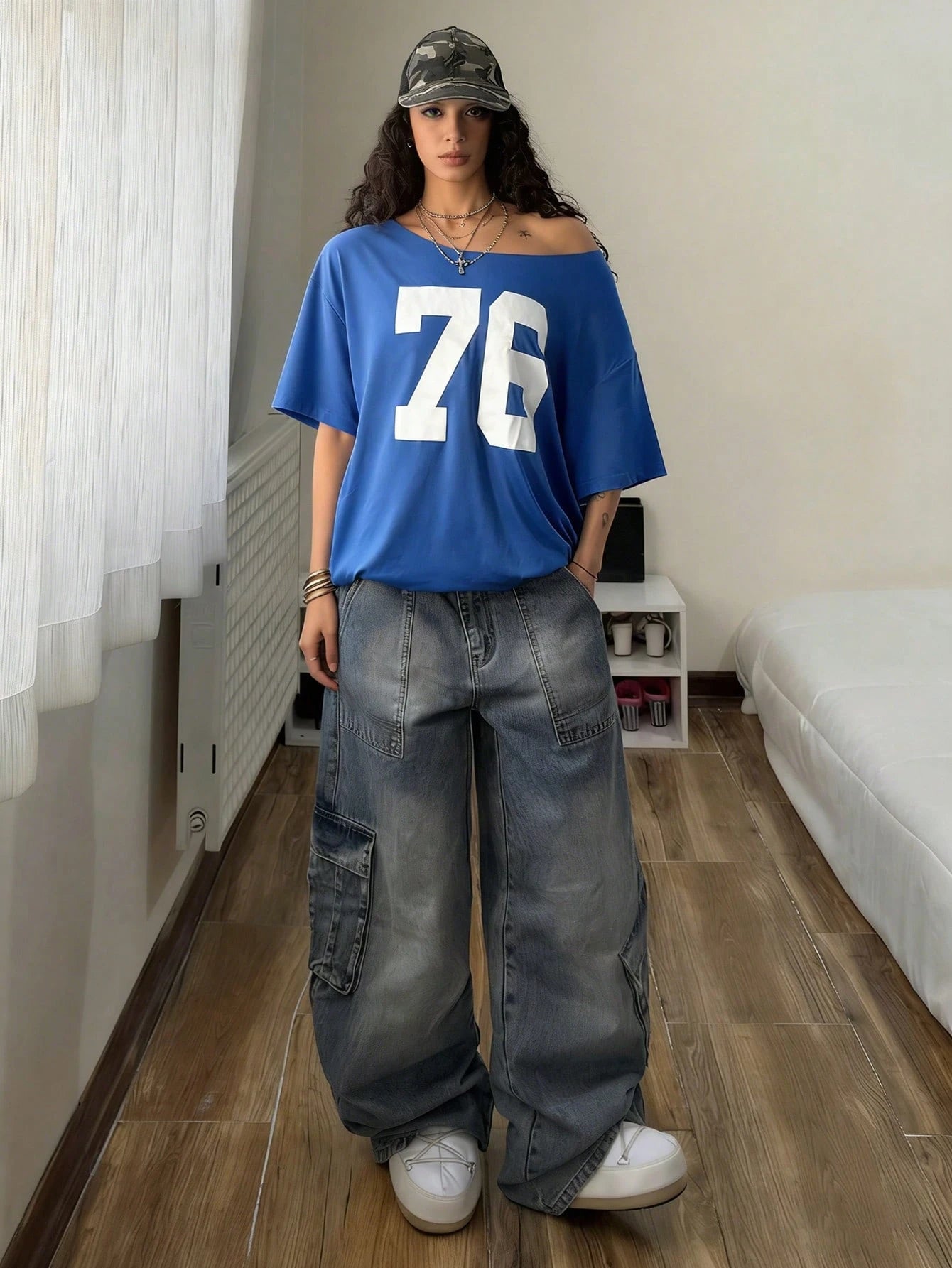 SXV Women's Loose T-Shirt, Y2K Style, Oversized Asymmetrical Shoulder, Blue Sports Number 76