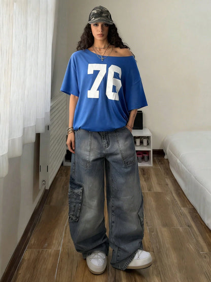 SXV Women's Loose T-Shirt, Y2K Style, Oversized Asymmetrical Shoulder, Blue Sports Number 76