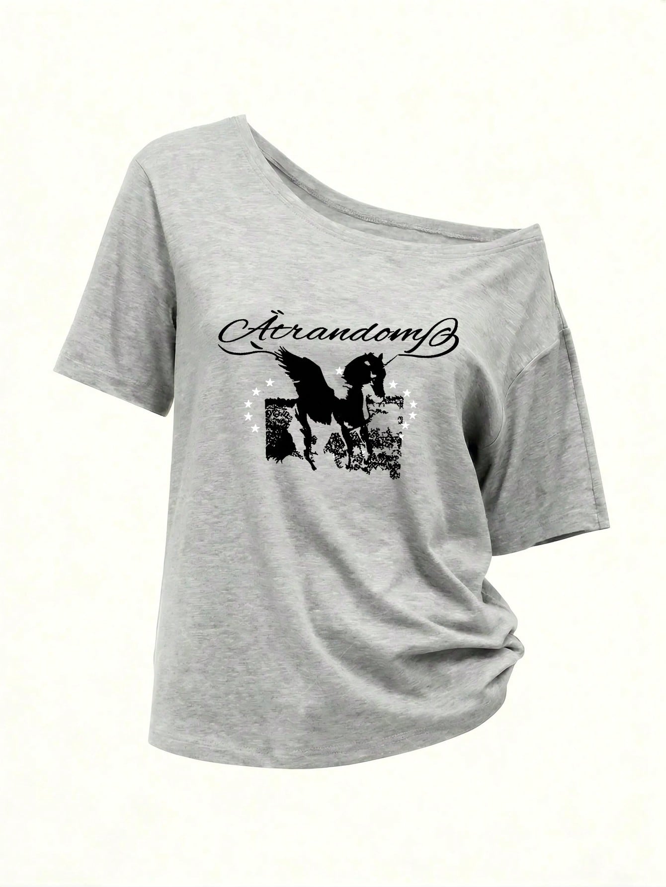 SXV Y2K Retro California 1997 Letter Graphic Off Shoulder Loose Gray Asymmetric Hem T-Shirt