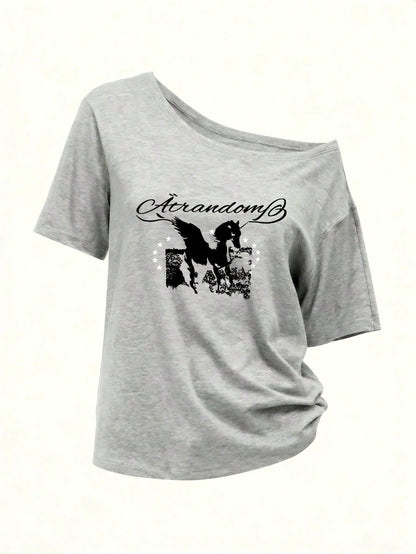 SXV Y2K Retro California 1997 Letter Graphic Off Shoulder Loose Gray Asymmetric Hem T-Shirt