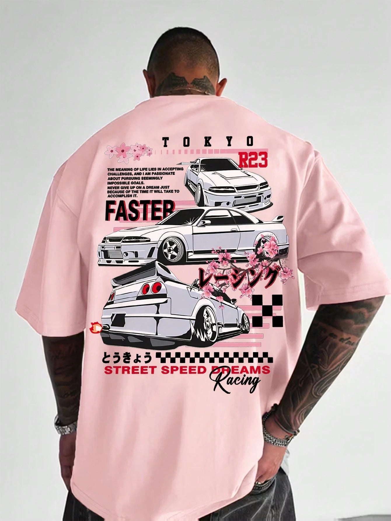 SXV Racing Enthusiasts Must-Have! Men's Summer Japanese Cherry Blossom & Car Element Print Crew Neck Short Sleeve T-Shirt