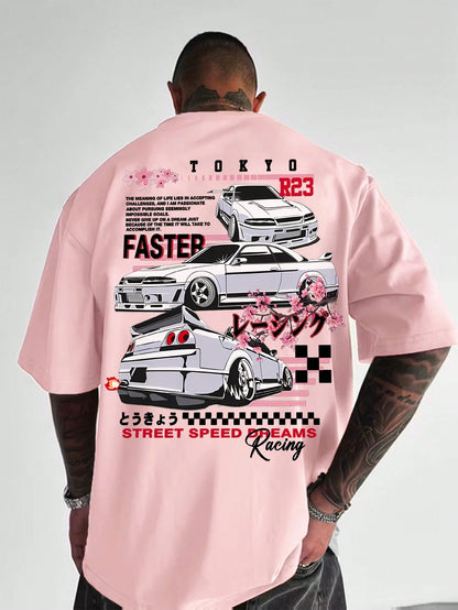 SXV Racing Enthusiasts Must-Have! Men's Summer Japanese Cherry Blossom & Car Element Print Crew Neck Short Sleeve T-Shirt