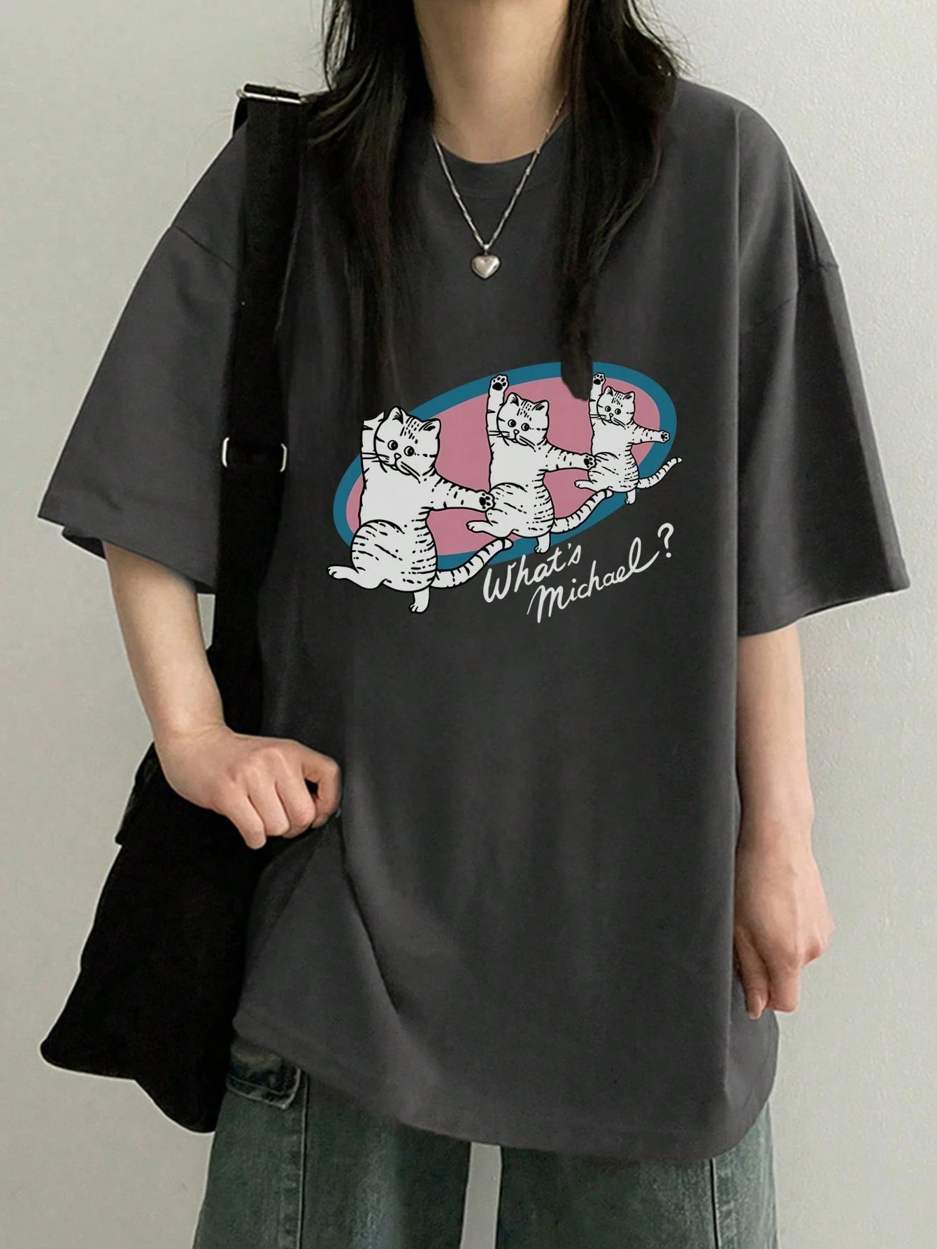 SXV Women's Loose Fit Round Neck Short Sleeve Letter & Cat Print T-Shirt, Spring