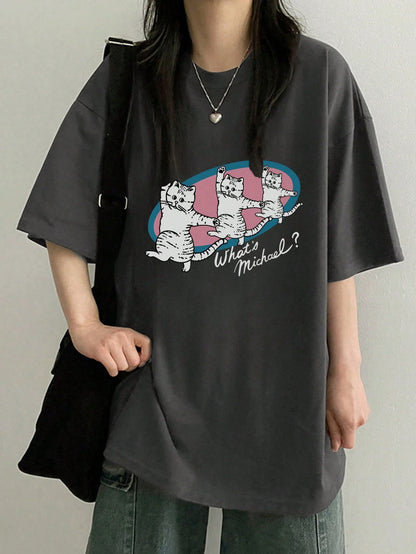 SXV Women's Loose Fit Round Neck Short Sleeve Letter & Cat Print T-Shirt, Spring