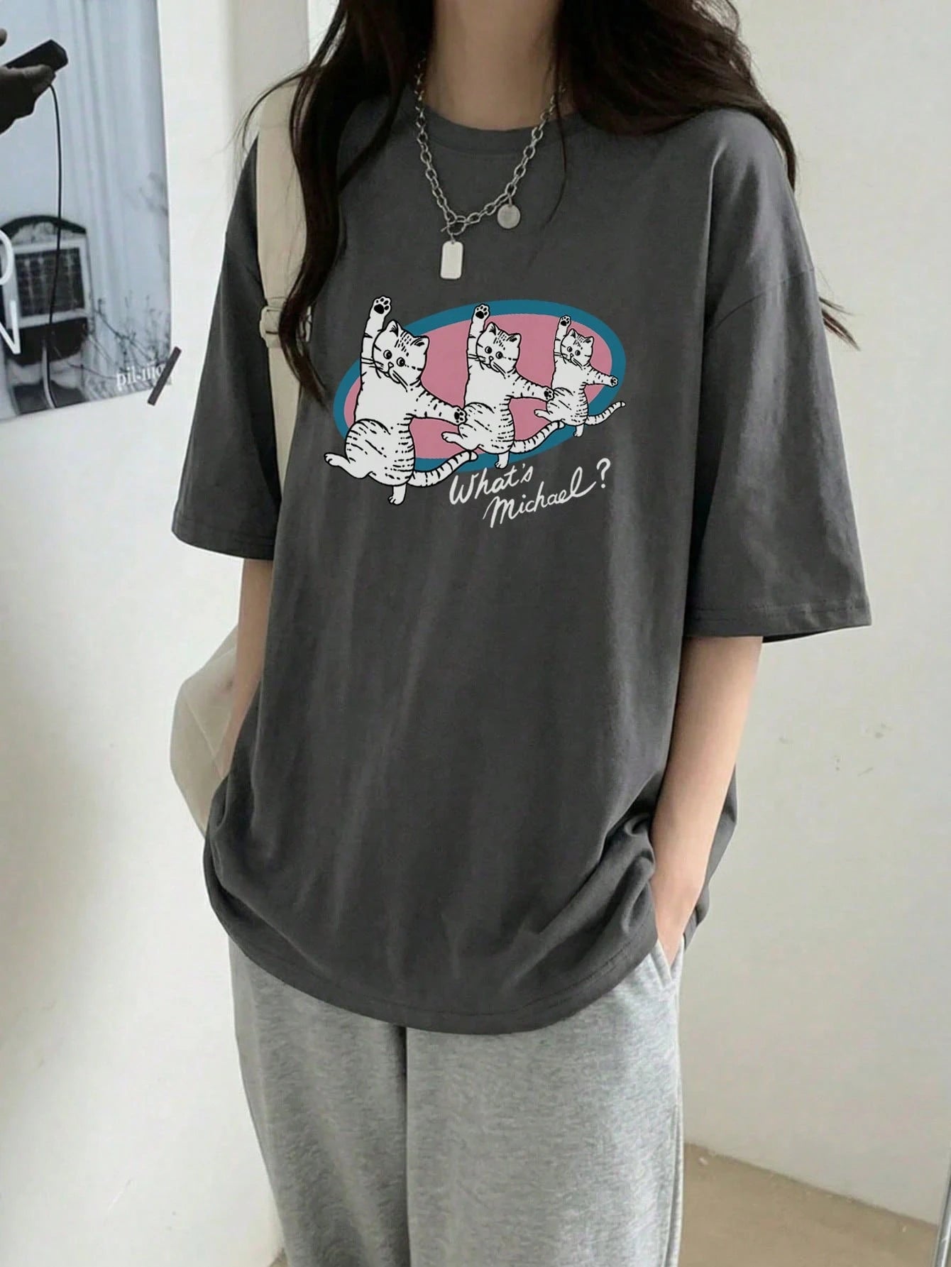 SXV Women's Loose Fit Round Neck Short Sleeve Letter & Cat Print T-Shirt, Spring