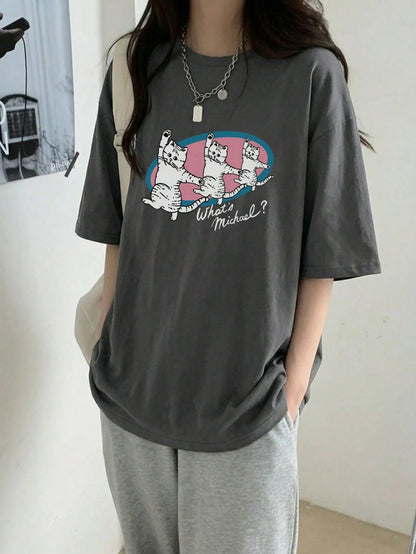 SXV Women's Loose Fit Round Neck Short Sleeve Letter & Cat Print T-Shirt, Spring