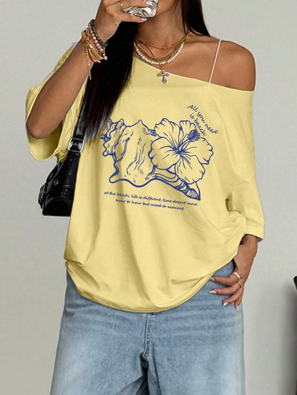 SXV Asymmetrical Shoulder Hibiscus Print Beach Style Oversized Tee