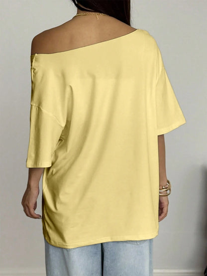 SXV Asymmetrical Shoulder Hibiscus Print Beach Style Oversized Tee