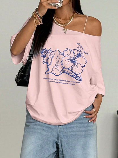 SXV Asymmetrical Shoulder Hibiscus Print Beach Style Oversized Tee