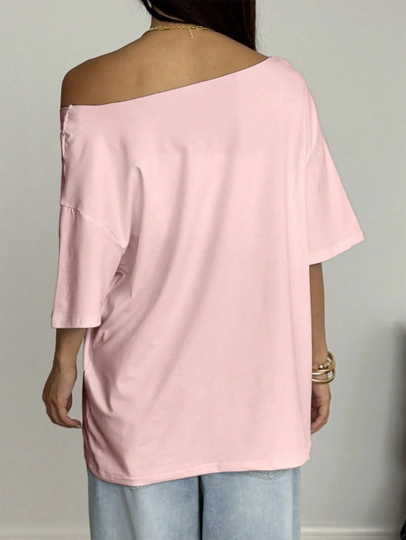 SXV Asymmetrical Shoulder Hibiscus Print Beach Style Oversized Tee