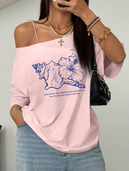 SXV Asymmetrical Shoulder Hibiscus Print Beach Style Oversized Tee