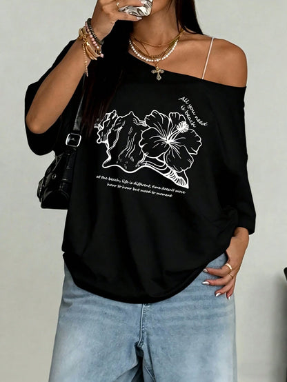 SXV Asymmetrical Shoulder Hibiscus Print Beach Style Oversized Tee