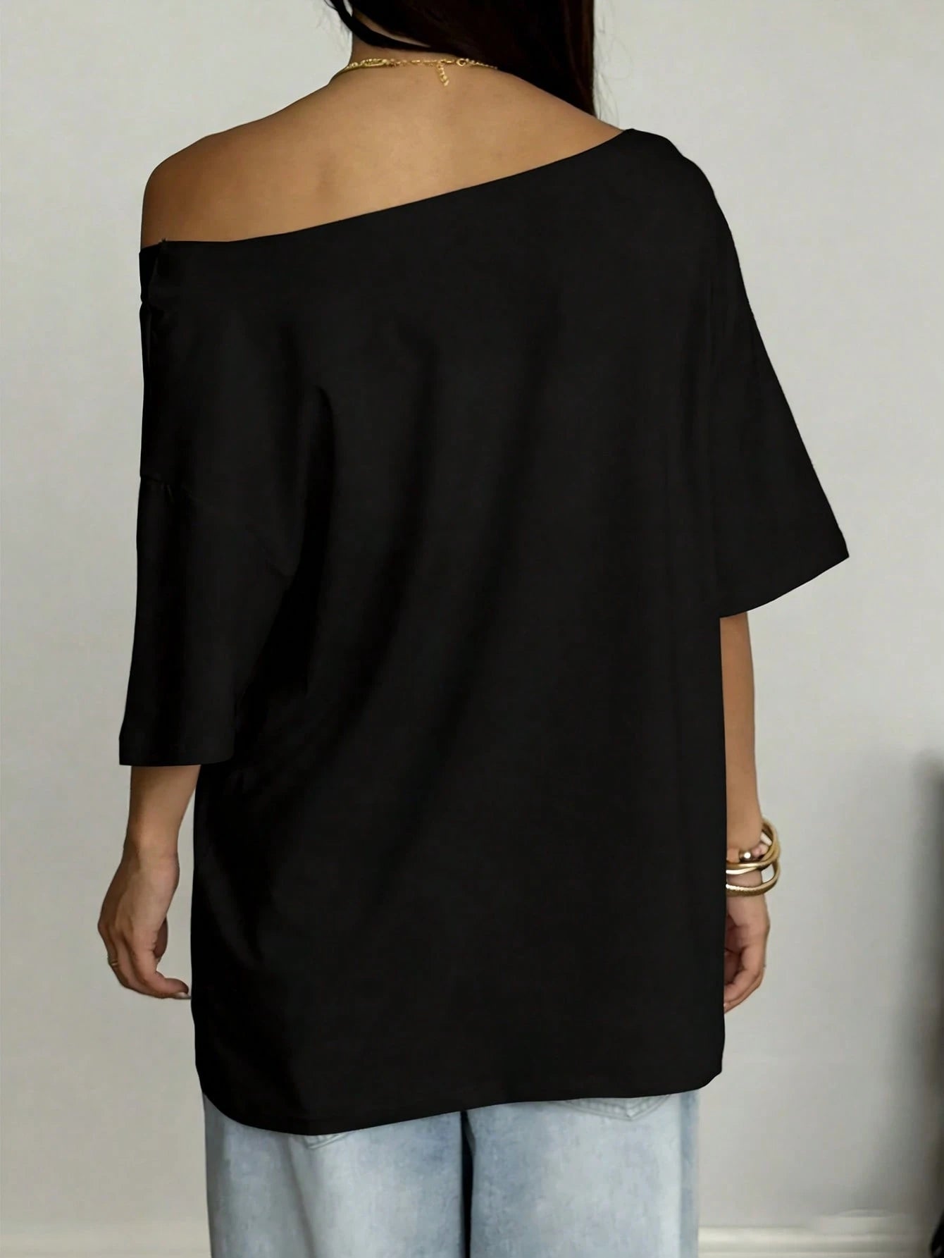 SXV Asymmetrical Shoulder Hibiscus Print Beach Style Oversized Tee