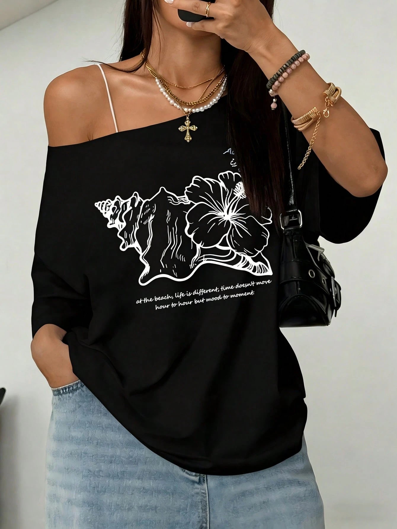 SXV Asymmetrical Shoulder Hibiscus Print Beach Style Oversized Tee