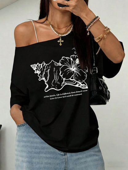 SXV Asymmetrical Shoulder Hibiscus Print Beach Style Oversized Tee