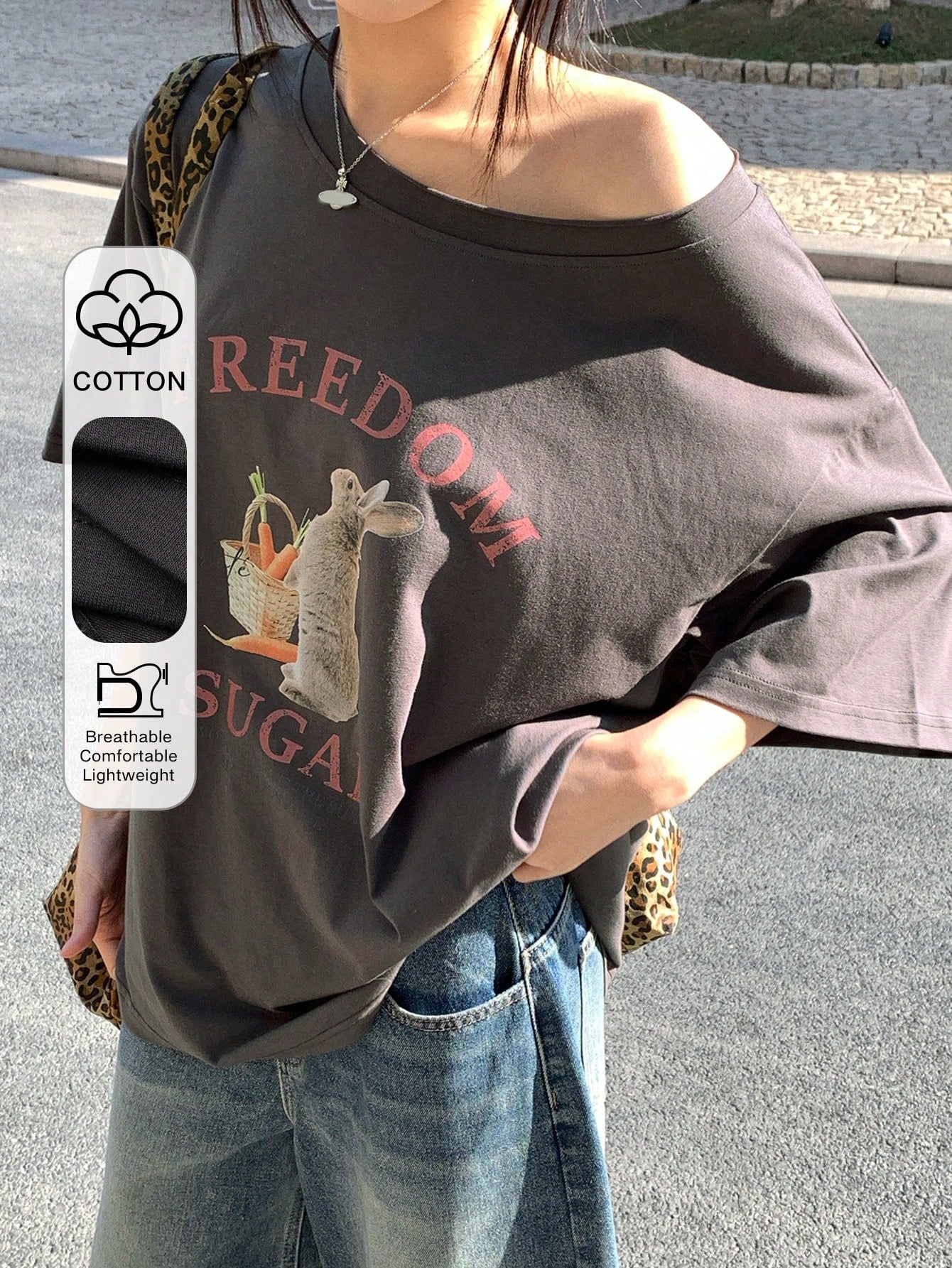 SXV Women's Summer Loose Fit Asymmetric Neck Freedom Sugar T-shirt