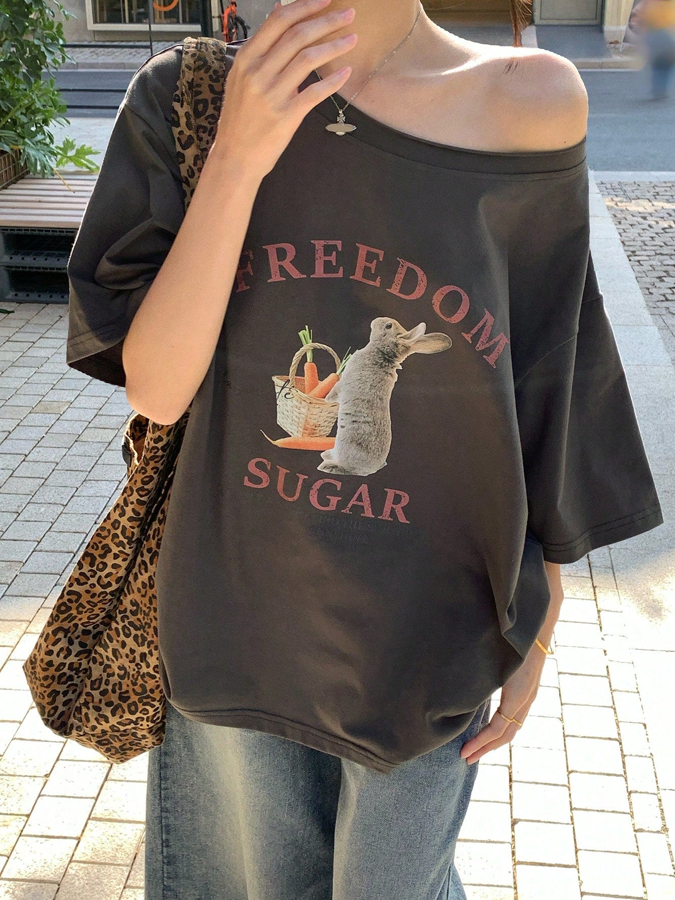 SXV Women's Summer Loose Fit Asymmetric Neck Freedom Sugar T-shirt