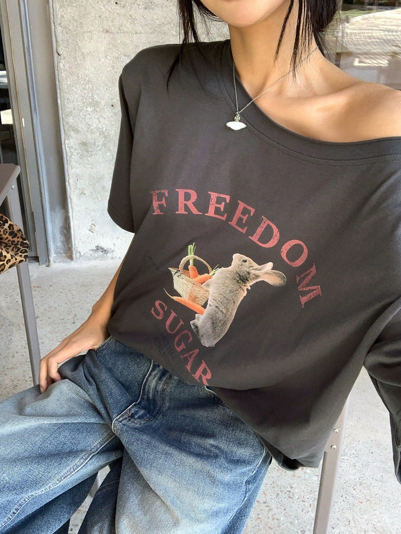 SXV Women's Summer Loose Fit Asymmetrical Shoulder Floral Print T-shirt