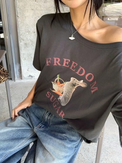 SXV Women's Summer Loose Fit Asymmetrical Shoulder Floral Print T-shirt