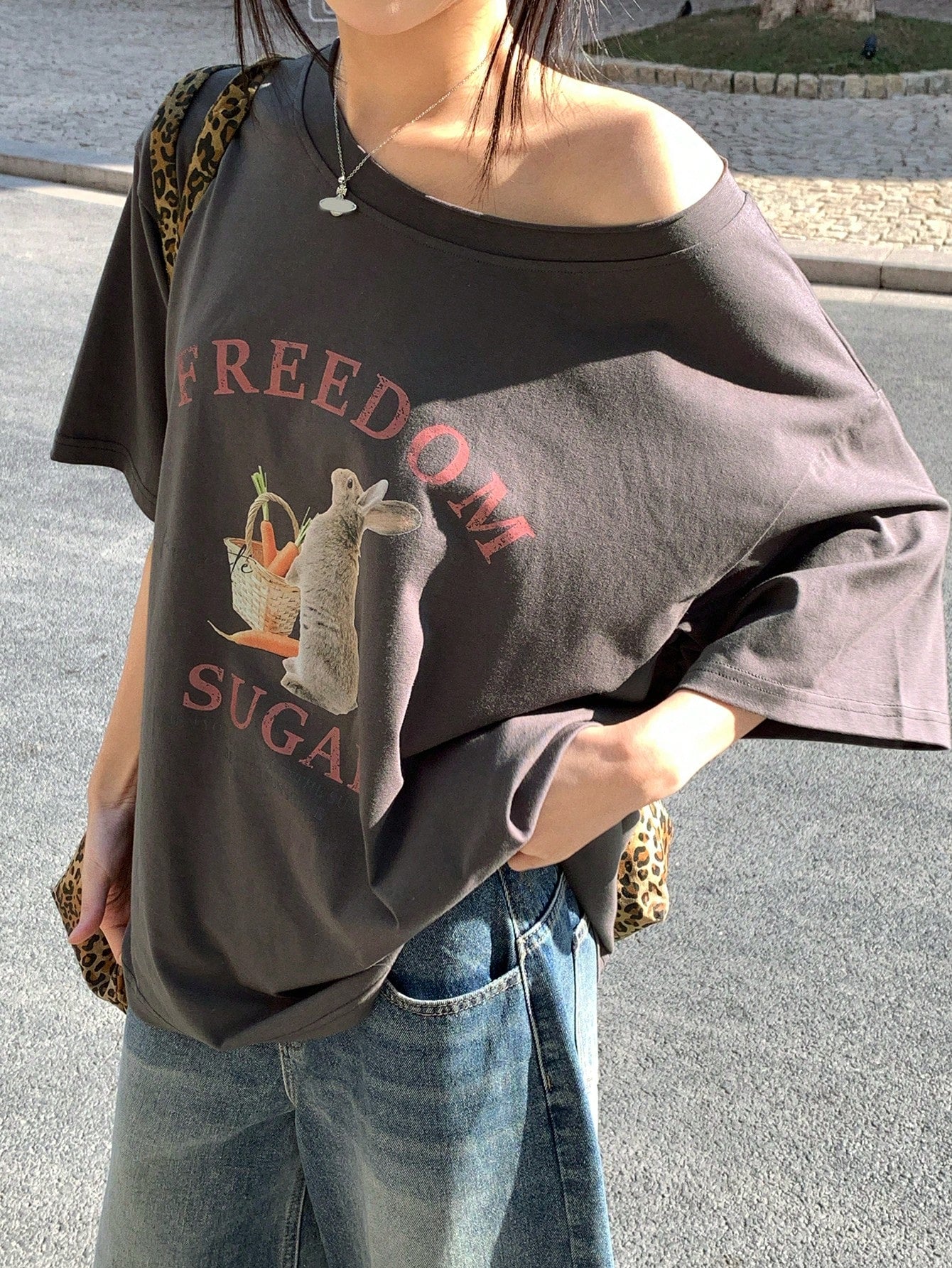 SXV Women's Summer Loose Fit Asymmetric Neck Freedom Sugar T-shirt
