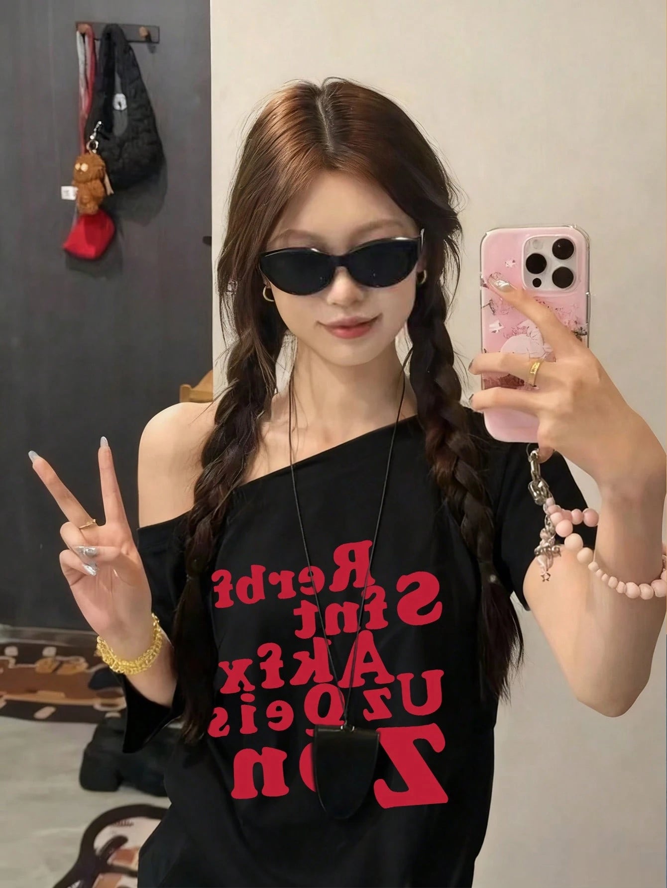 SXV Red Letter Print Asymmetrical Shoulder Short Sleeve T-Shirt For Women