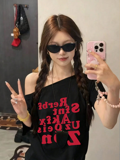 SXV Red Letter Print Asymmetrical Shoulder Short Sleeve T-Shirt For Women