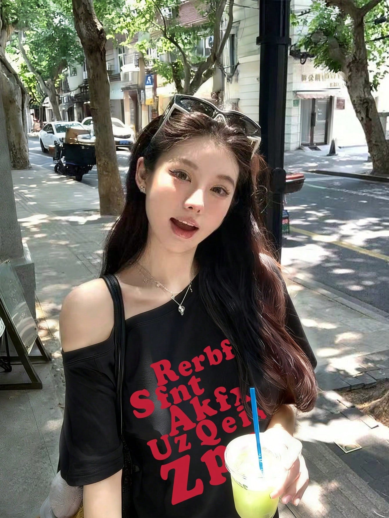 SXV Red Letter Print Asymmetrical Shoulder Short Sleeve T-Shirt For Women