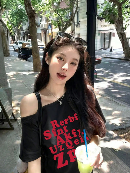 SXV Red Letter Print Asymmetrical Shoulder Short Sleeve T-Shirt For Women
