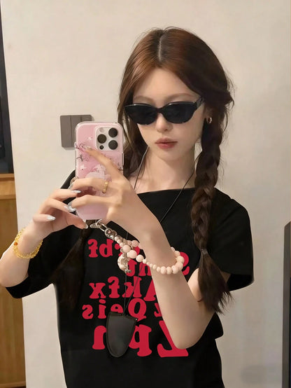 SXV Red Letter Print Asymmetrical Shoulder Short Sleeve T-Shirt For Women