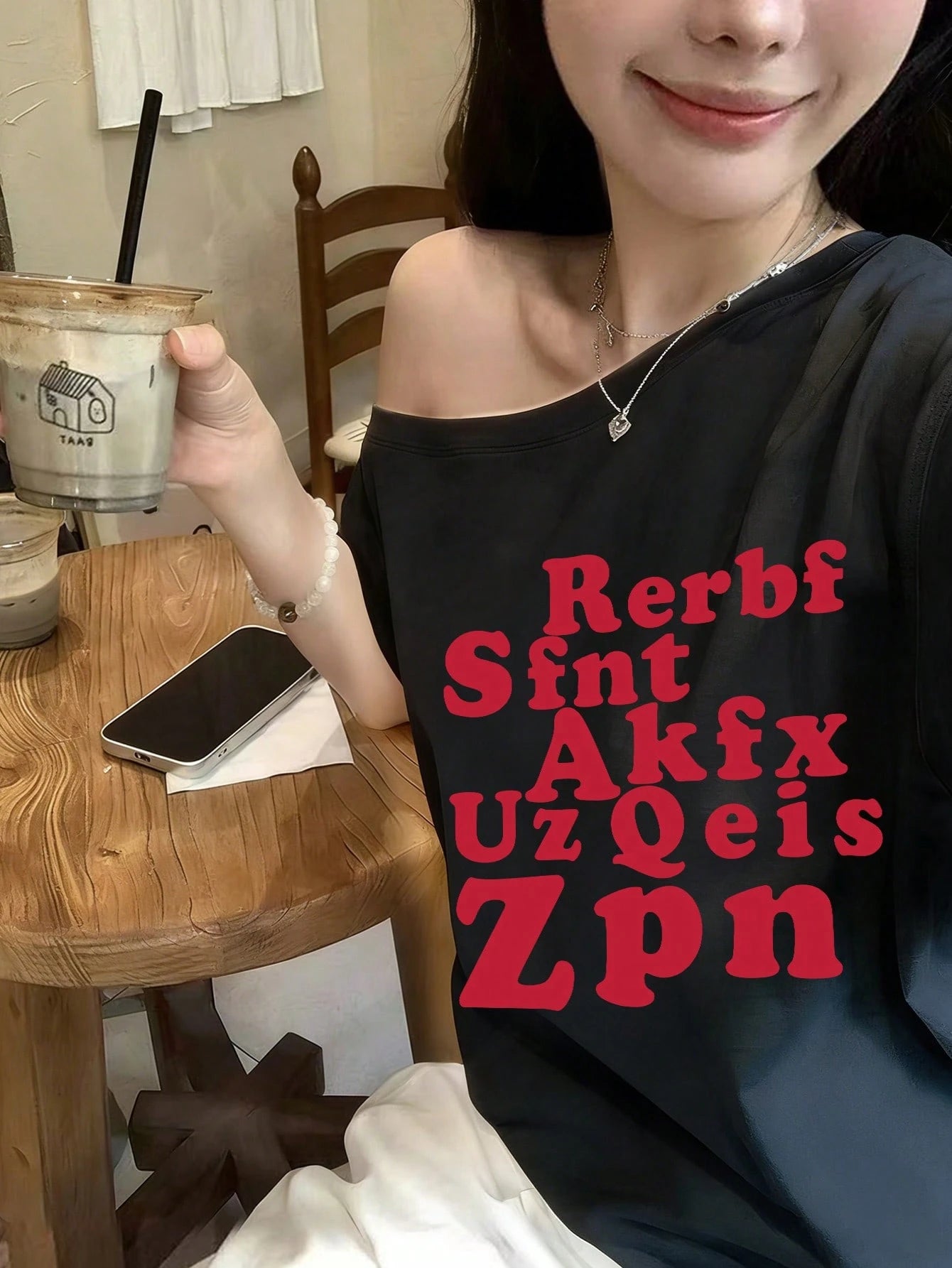 SXV Red Letter Print Asymmetrical Shoulder Short Sleeve T-Shirt For Women