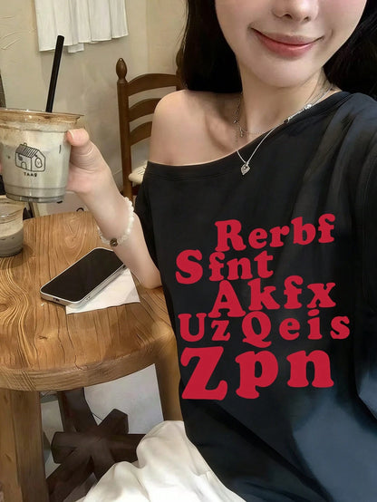 SXV Red Letter Print Asymmetrical Shoulder Short Sleeve T-Shirt For Women