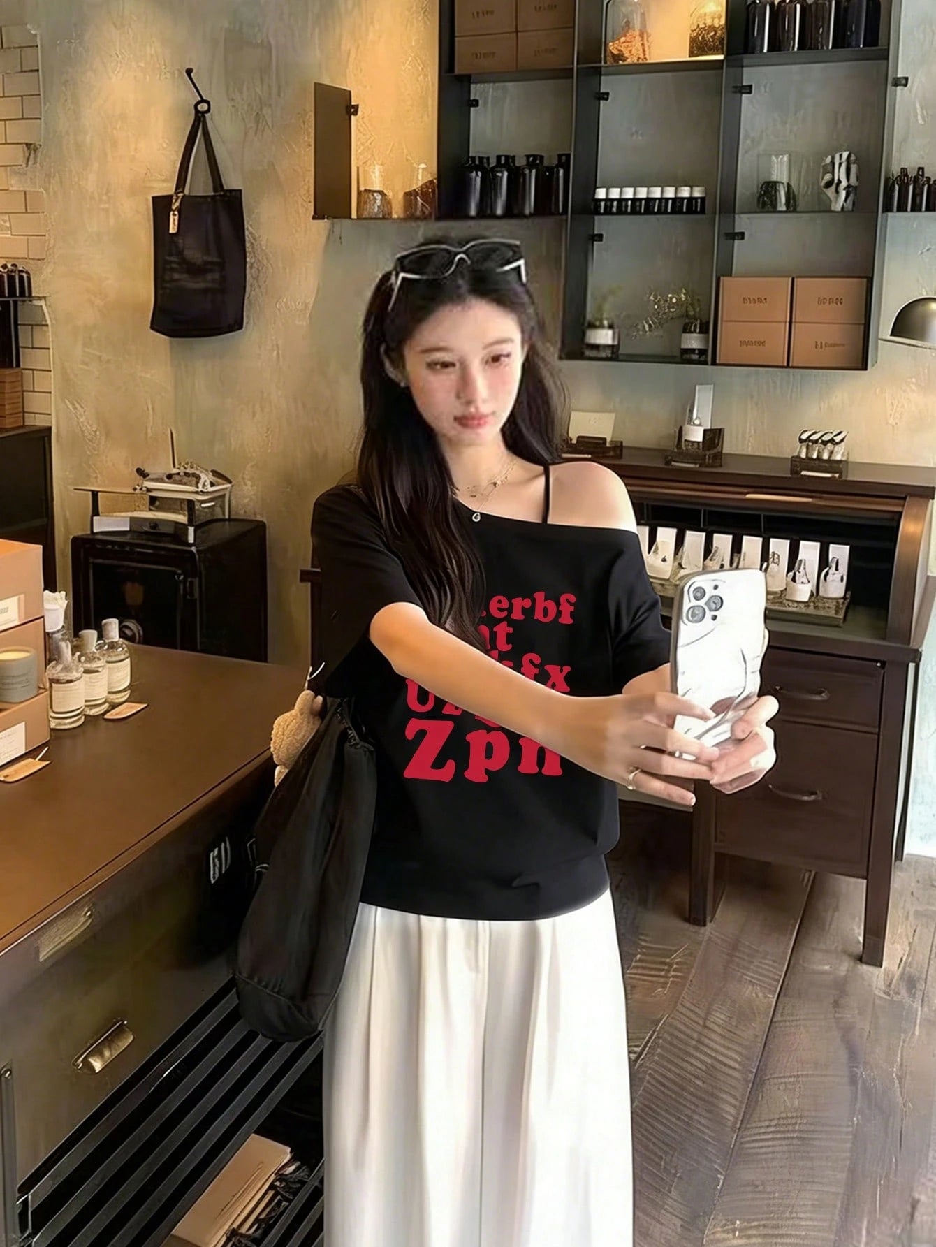 SXV Red Letter Print Asymmetrical Shoulder Short Sleeve T-Shirt For Women