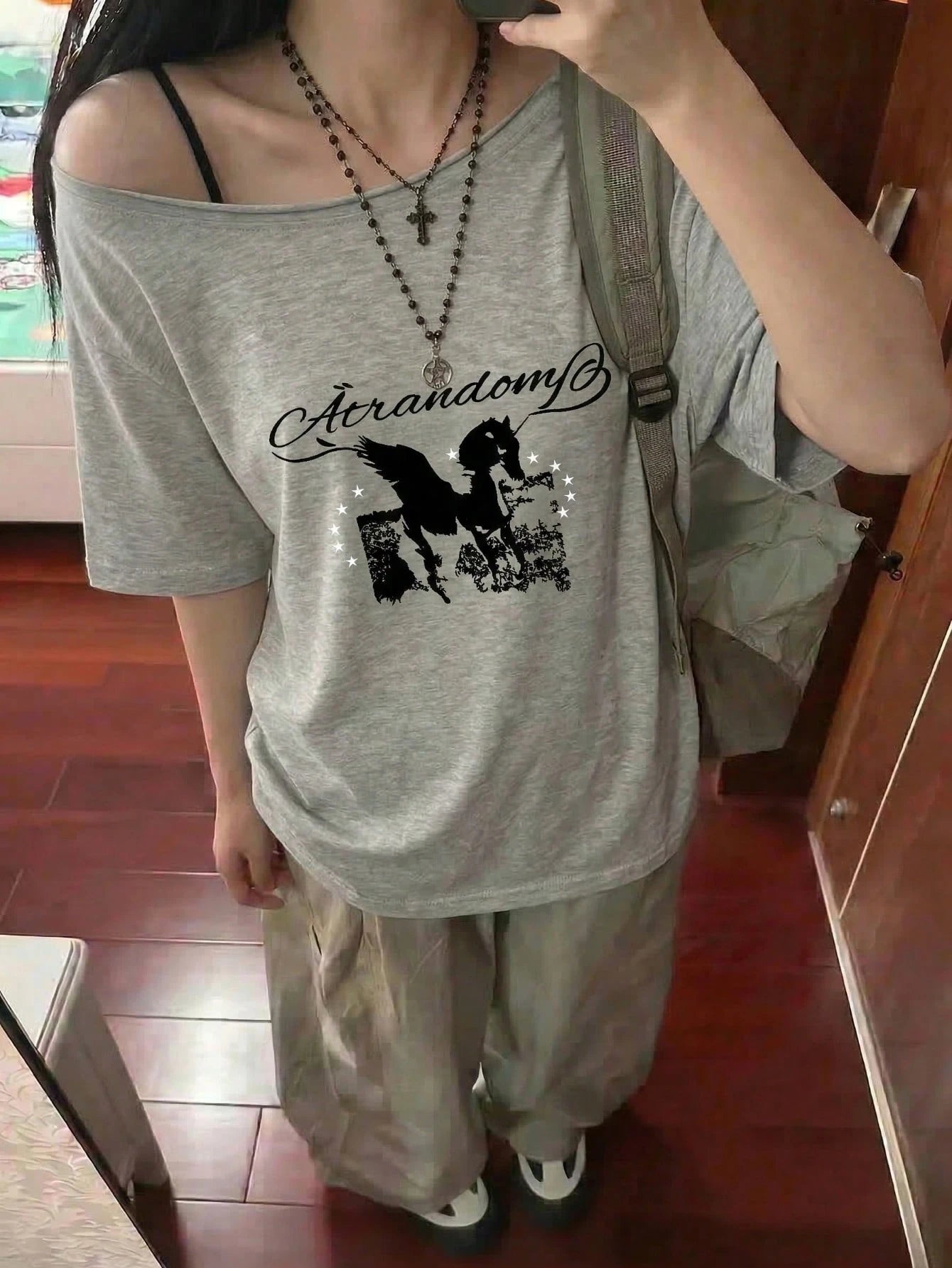 SXV Y2K Retro California 1997 Letter Graphic Off Shoulder Loose Gray Asymmetric Hem T-Shirt