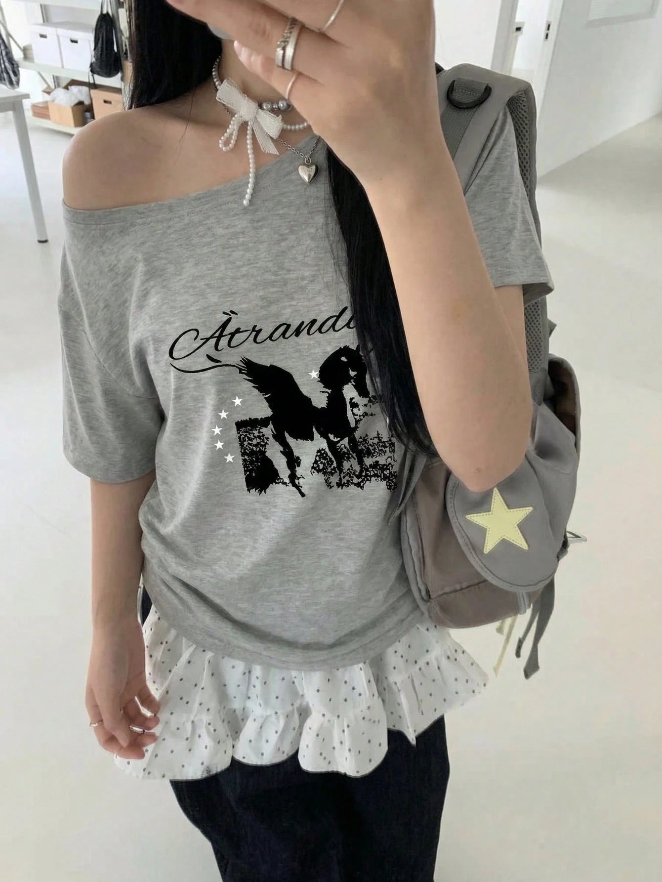 SXV Y2K Retro California 1997 Letter Graphic Off Shoulder Loose Gray Asymmetric Hem T-Shirt