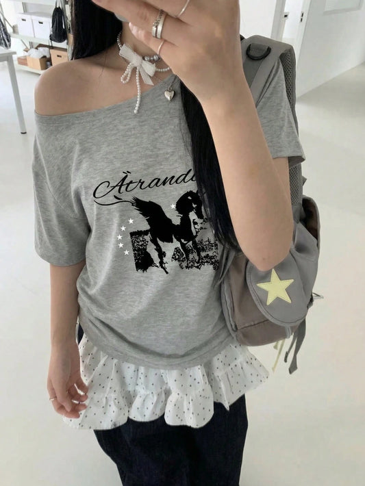 SXV Y2K Retro California 1997 Letter Graphic Off Shoulder Loose Gray Asymmetric Hem T-Shirt