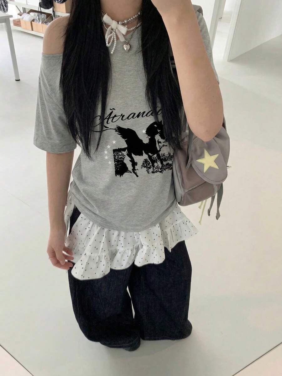 SXV Y2K Retro California 1997 Letter Graphic Off Shoulder Loose Gray Asymmetric Hem T-Shirt