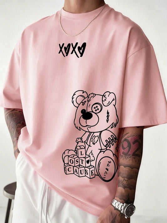 SXV Versatile Minimalist Bear Print Line Art Animals Short Sleeve T-Shirt