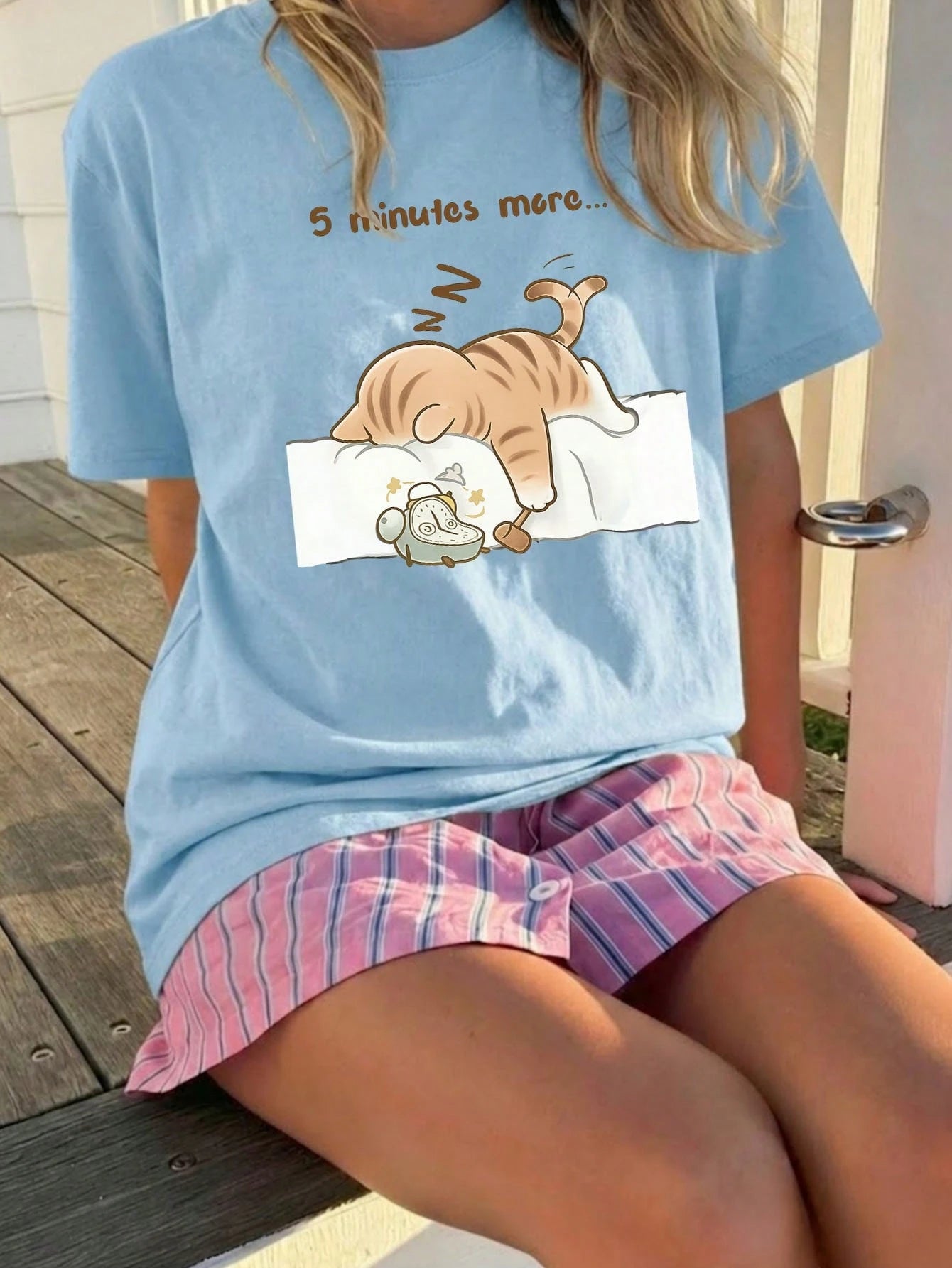SXV Summer Round Neck Short Sleeve T-Shirt, Cat Napping