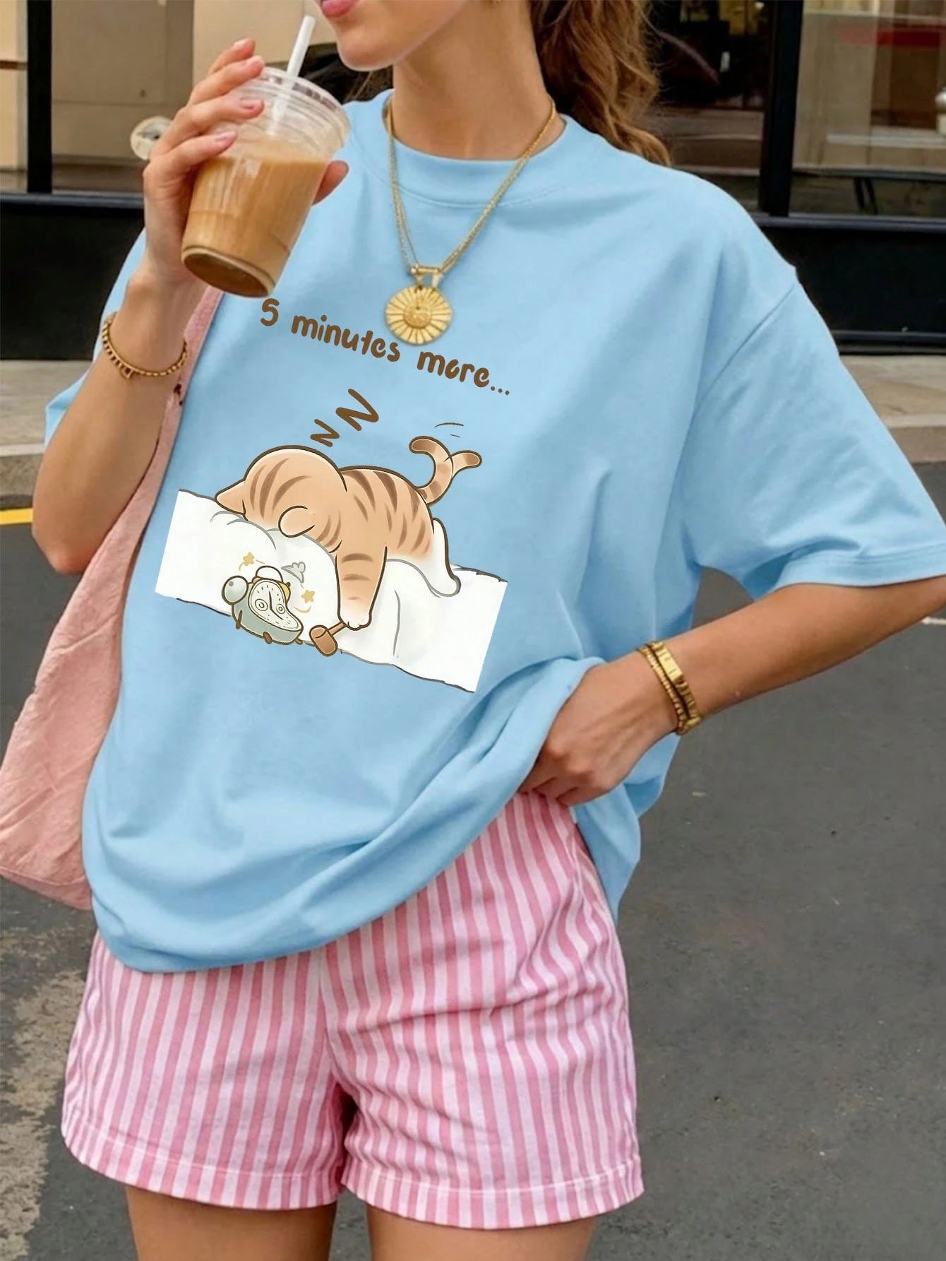 SXV Summer Round Neck Short Sleeve T-Shirt, Cat Napping