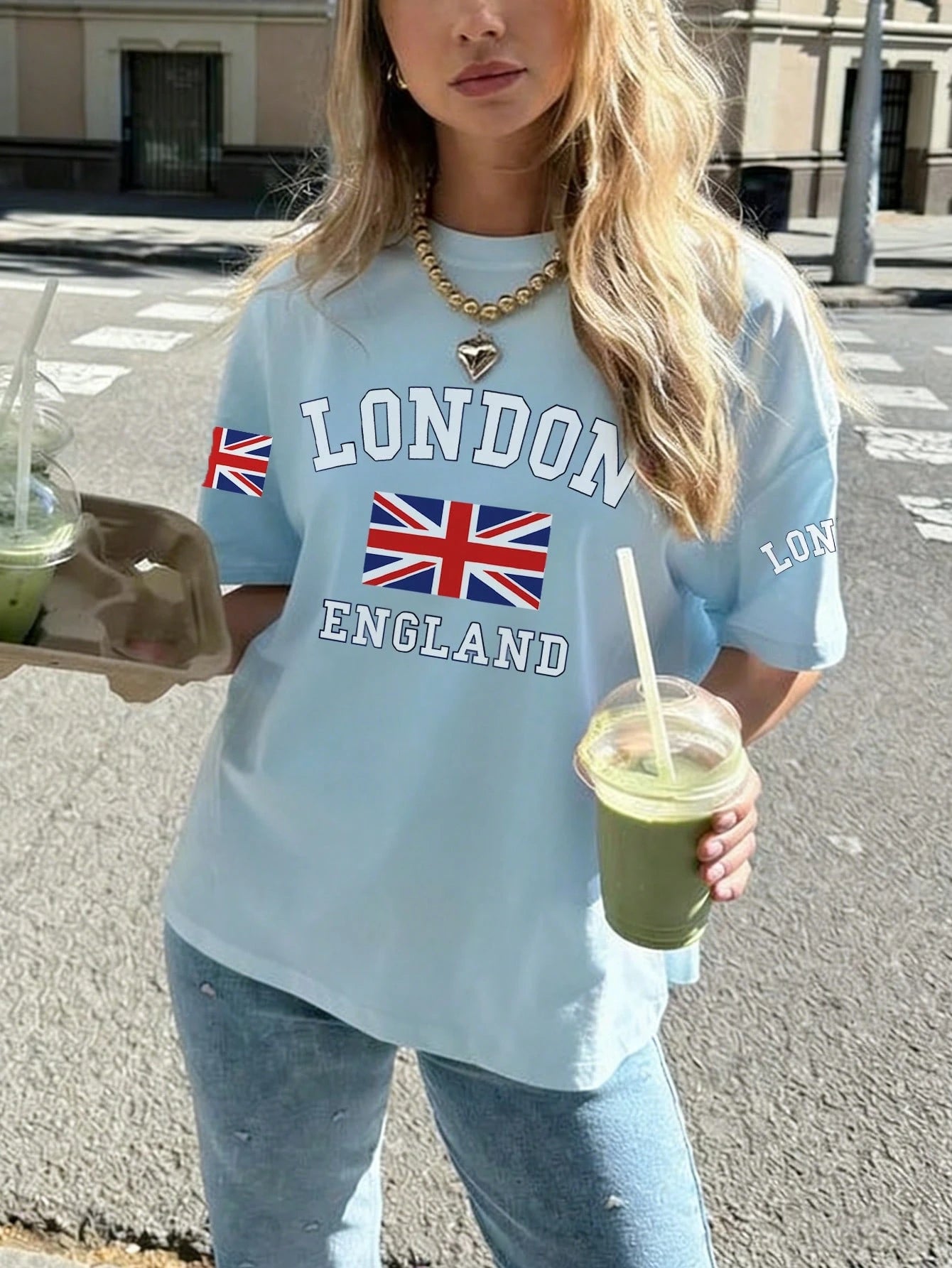 SXV Summer London Letter Print Cheongsam Pattern Round Neck Short Sleeve T-Shirt