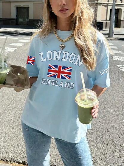 SXV Summer London Letter Print Cheongsam Pattern Round Neck Short Sleeve T-Shirt