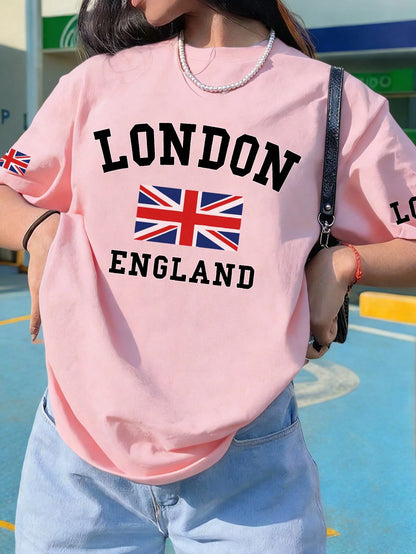 SXV Summer London Letter Print Cheongsam Pattern Round Neck Short Sleeve T-Shirt