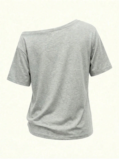 SXV Vintage American Distressed Letter Seawater Print Asymmetric Shoulder T-Shirt