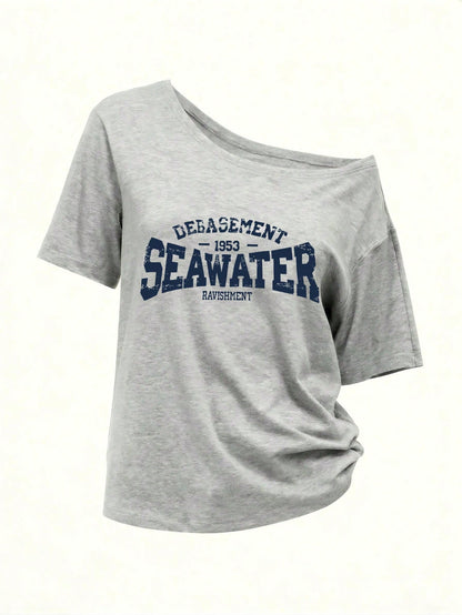 SXV Vintage American Distressed Letter Seawater Print Asymmetric Shoulder T-Shirt
