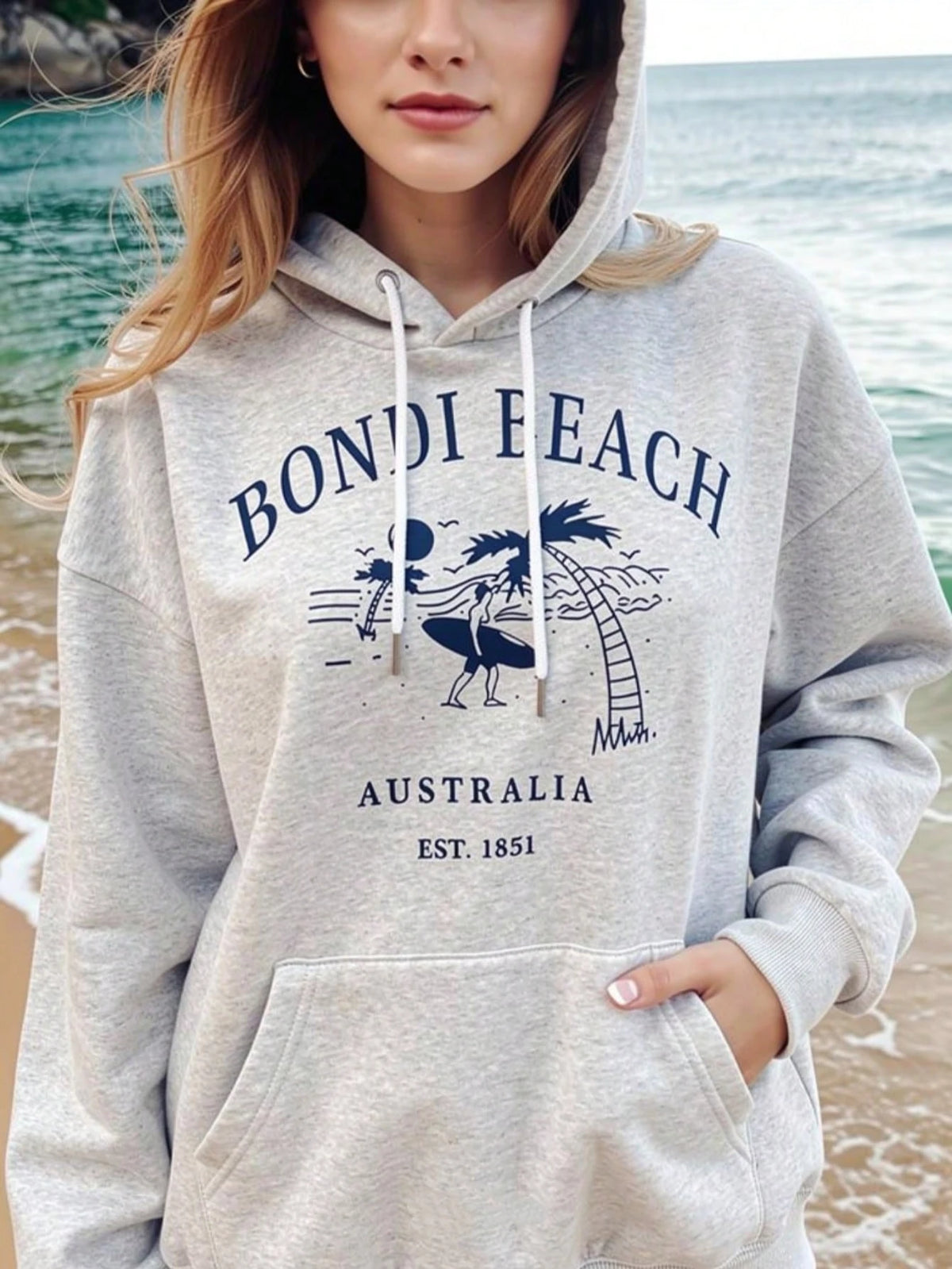 SXV Grey Bondi Beach Coconut Tree Graphic Pullover Hoodie