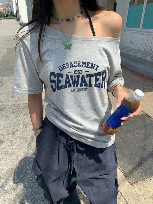 SXV Vintage American Distressed Letter Seawater Print Asymmetric Shoulder T-Shirt