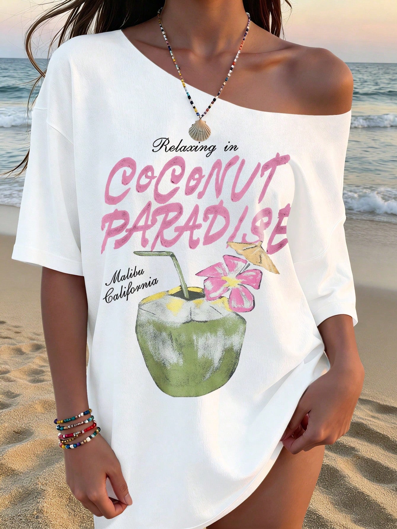 SXV off shoulder Floral & Coconut Print Asymmetrical Neck Summer Top, Loose Casual Vacation T-Shirt For Women