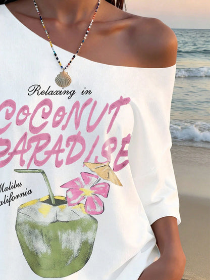 SXV off shoulder Floral & Coconut Print Asymmetrical Neck Summer Top, Loose Casual Vacation T-Shirt For Women